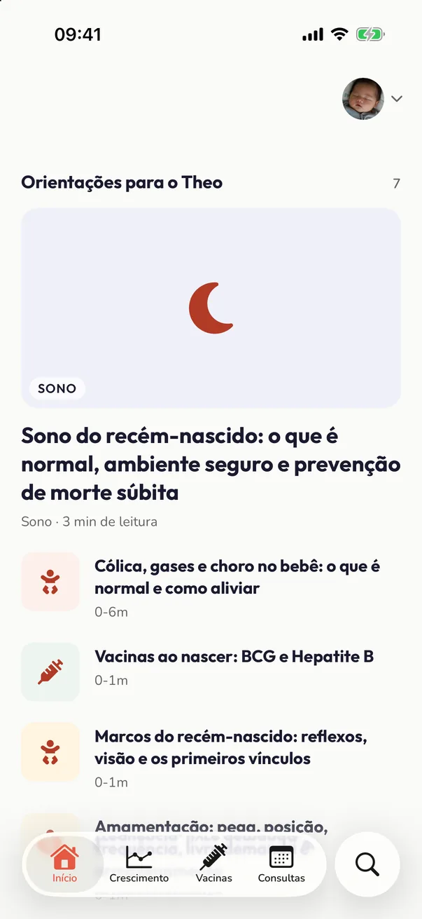 Tela inicial do DocApp com as orientações da pediatra para o Theo, recém-nascido