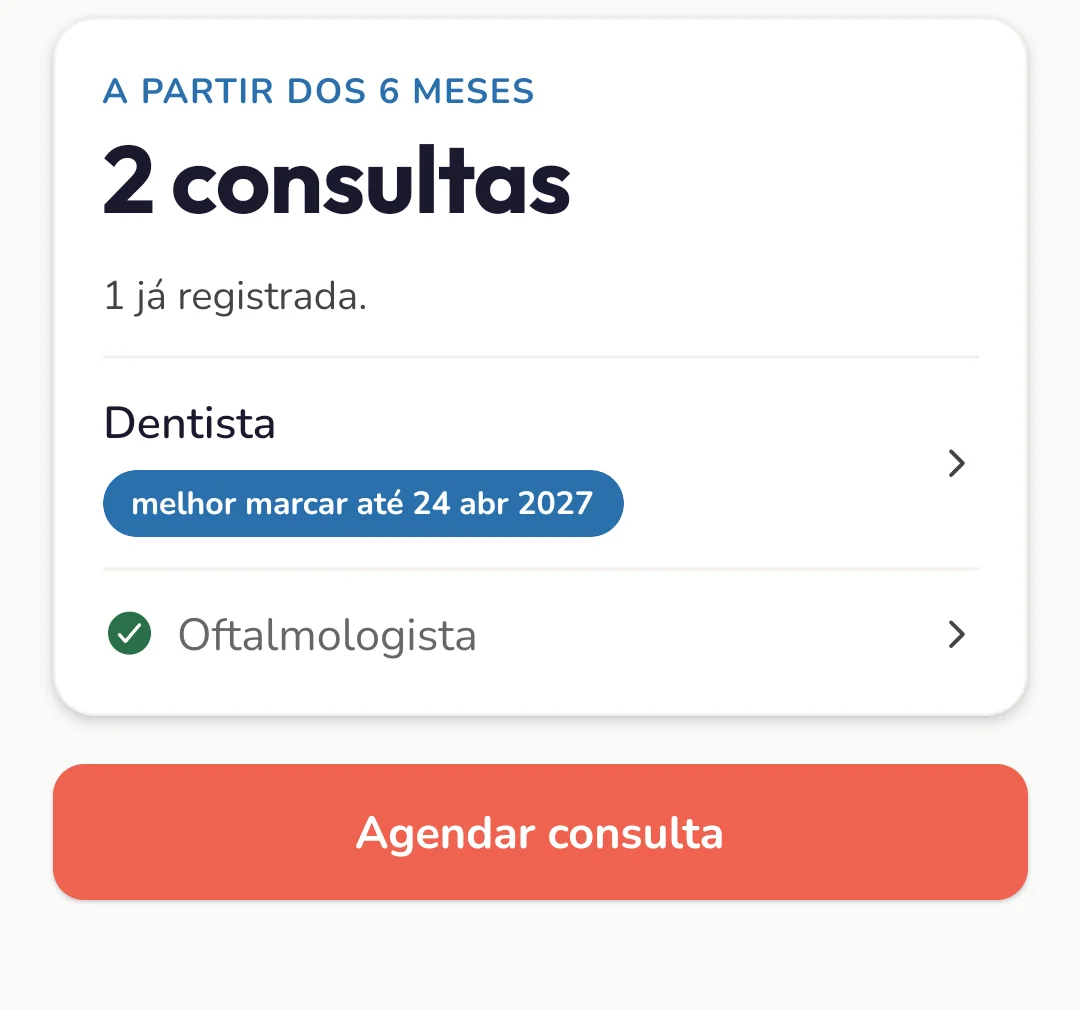 A partir dos 6 meses, 2 consultas: dentista, a marcar, e oftalmologista, já registrada. Abaixo, o botão Agendar consulta